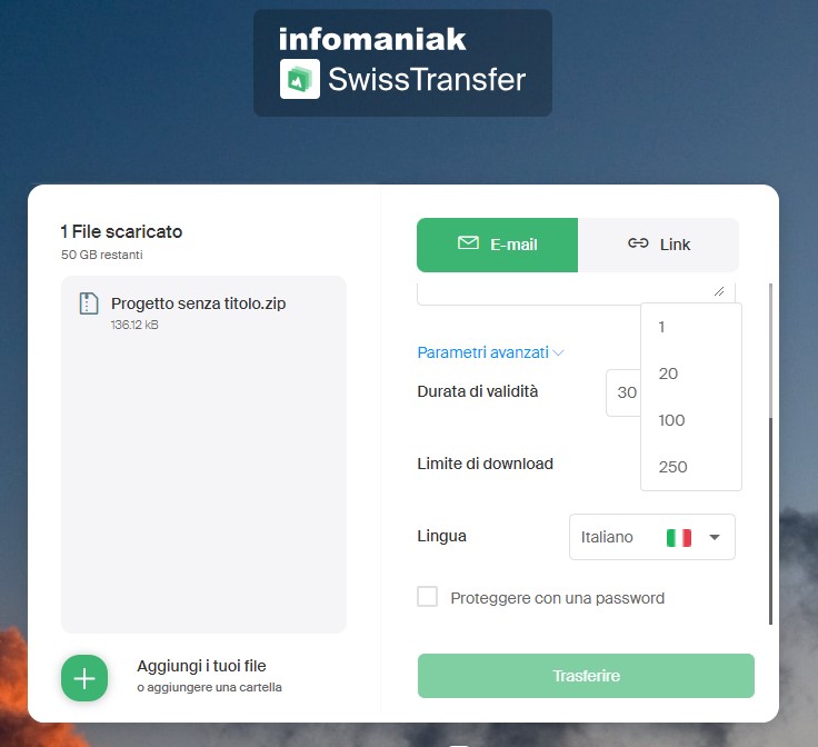 Swisstransfer impostare limite download